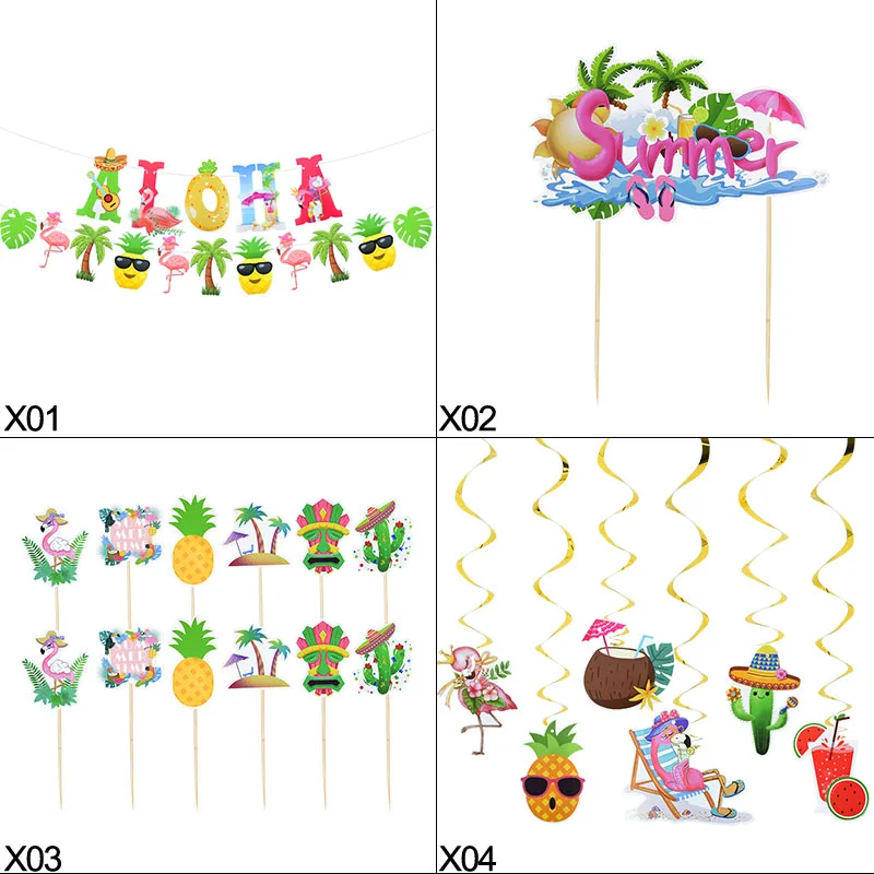 

Hawaiian Party Deocrations Pineapple Flamingo Cactus ALOHA Banner Summer Tropical Birthday Cake Topper Luau Beach Party Supplies