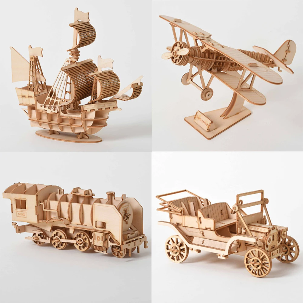 

Laser Cutting Sailing Ship Biplane Steam Locomotive Toys 3D Wooden Puzzle Assembly Wood Kits Desk Decoration for Children Kids