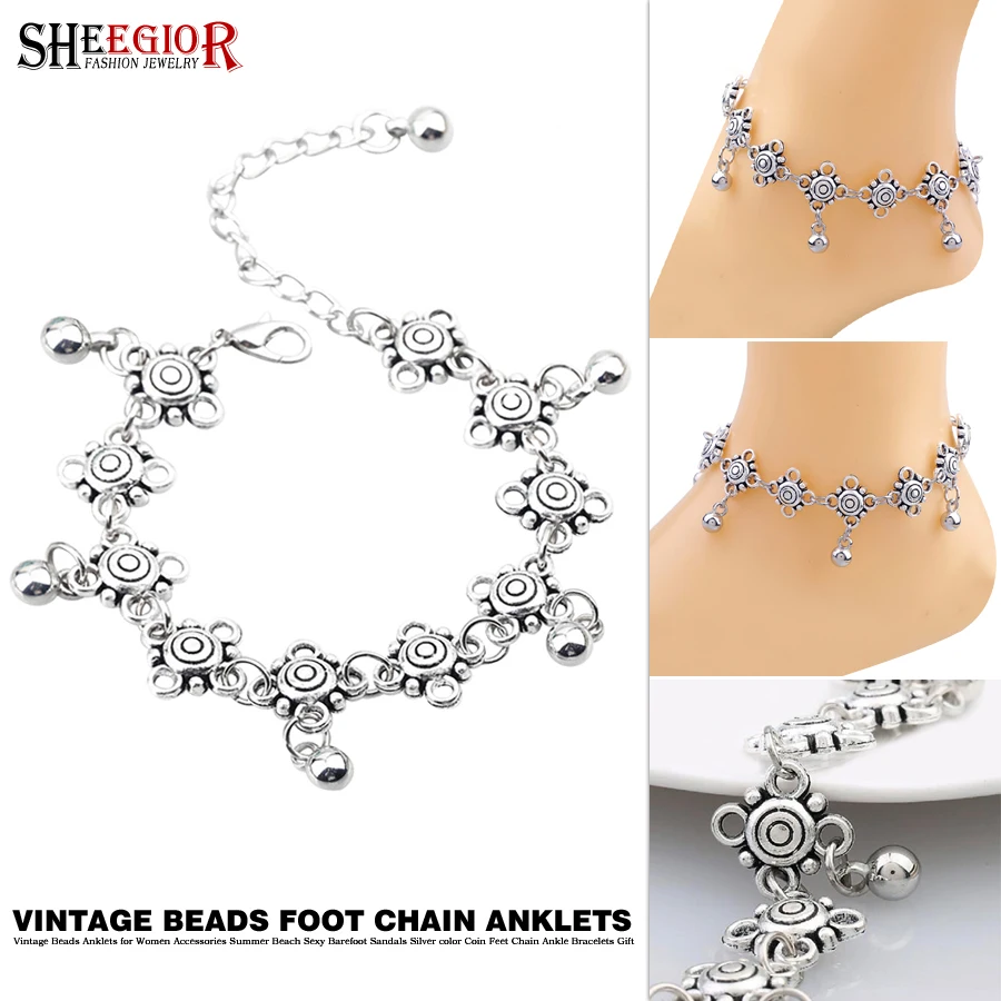

Vintage Beads Anklets for Women Accessories Summer Beach Sexy Barefoot Sandals Silver color Coin Feet Chain Ankle Bracelets Gift