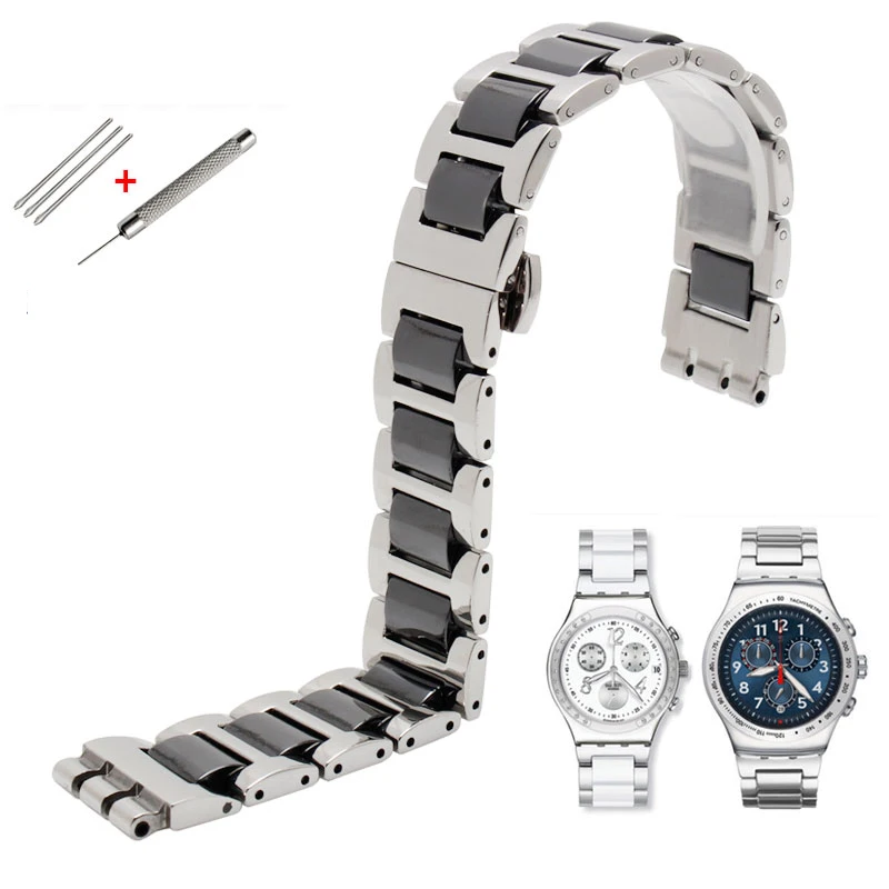 Металлический ремешок для часов Swatch YGS716 YAS100 YVS441G/YAS112G браслет из нержавеющей стали+ керамический ремешок для часов 17 мм для женщин - Цвет ремешка: silver black 1