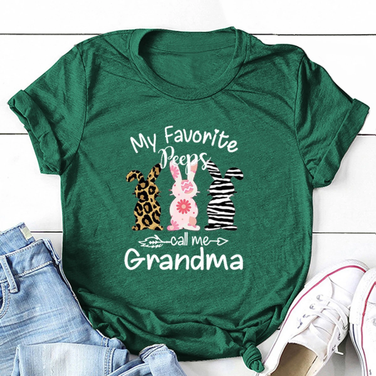 

Women's O-Neck Casual T-shirt My Favorite Peeps Call Megrandma Three Rabbits Cute Fashion Printed T Shirts Easter bunny Tops Tee