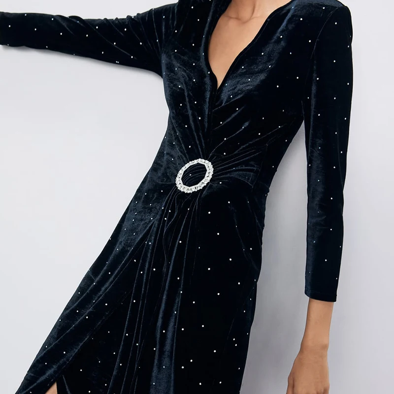 2019 ZA осеннее Новое Женское вельветовое платье модное с длинными рукавами и v