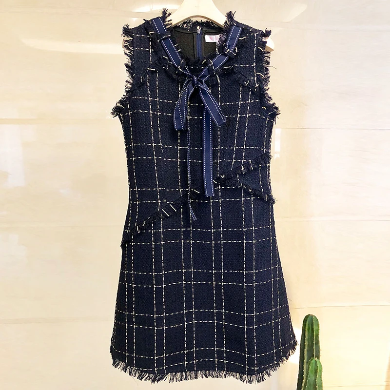 Женское шерстяное платье жилет без рукавов винтажное твидовое мини в клетку с