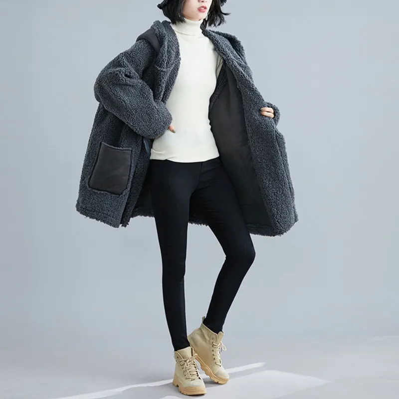 

Oversized Plus Size Women Clothing Lambswool Velvet Coat Hooded Fashion 2021 Autumn Winter New Warm Casual Outerwears
