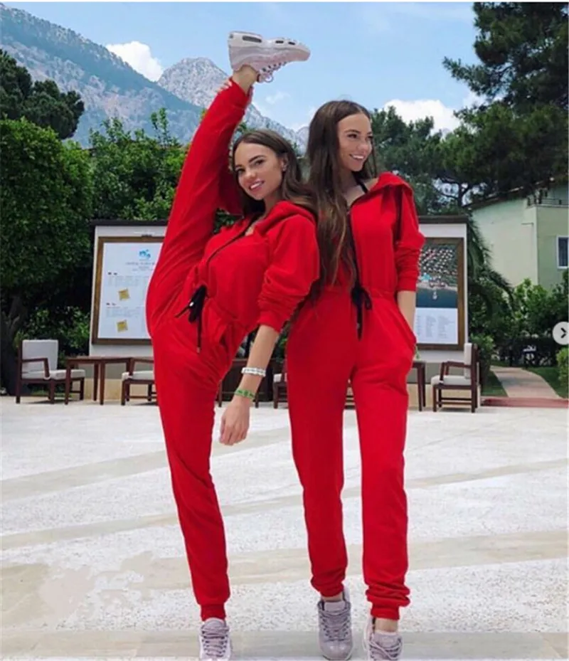 

Spring and Autumn Sweater-style One-piece Trousers Zipper Long Sleeve Lapel Drawstring Lace-up Street Sports Pants Woman Casual