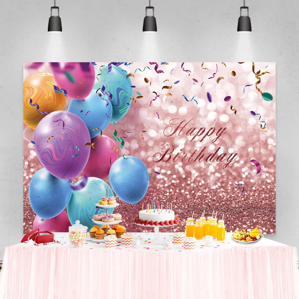 

Laeacco Birthday Patry Light Bokeh Balloons Backdrops Banner Pink Glitters Portrait Personalized Poster Photographic Background