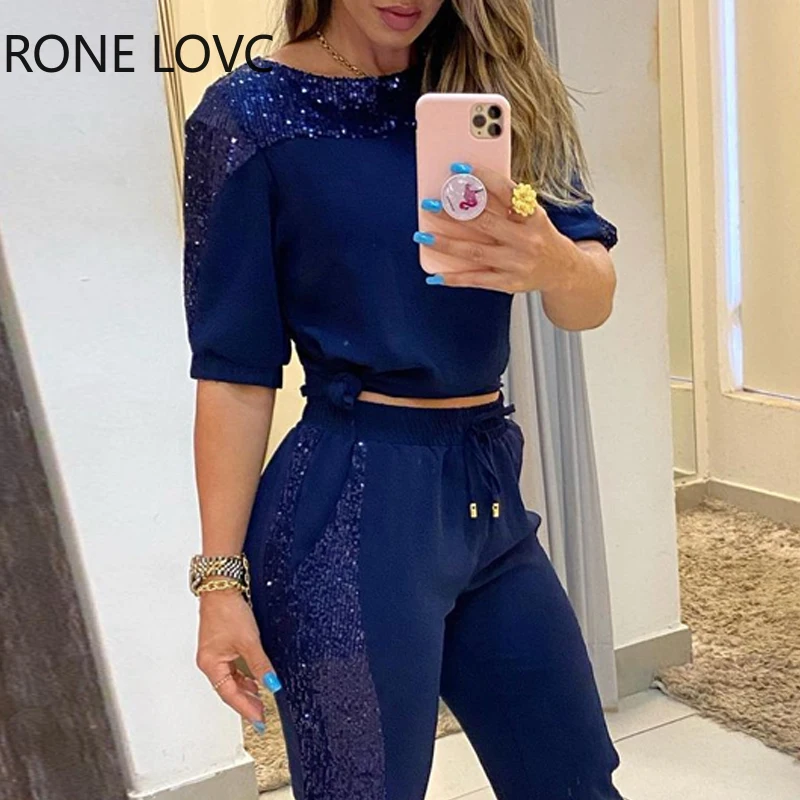 

Women Glitter Long Sleeve T-shirts With Pants Suit Sets Women Two Pieces