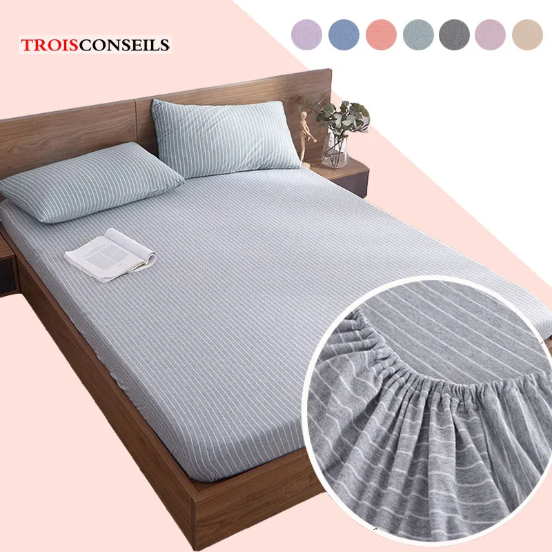 

100%Cotton Stripe Fitted Sheet Mattress Cover Four Corners with Elastic Band Bed Sheet Bedspread Queen Multiple Colors Available