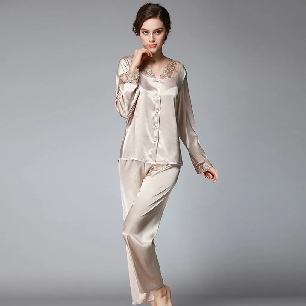 Шелковая атласная Женская пижама пижамный комплект с длинным рукавом одежда для