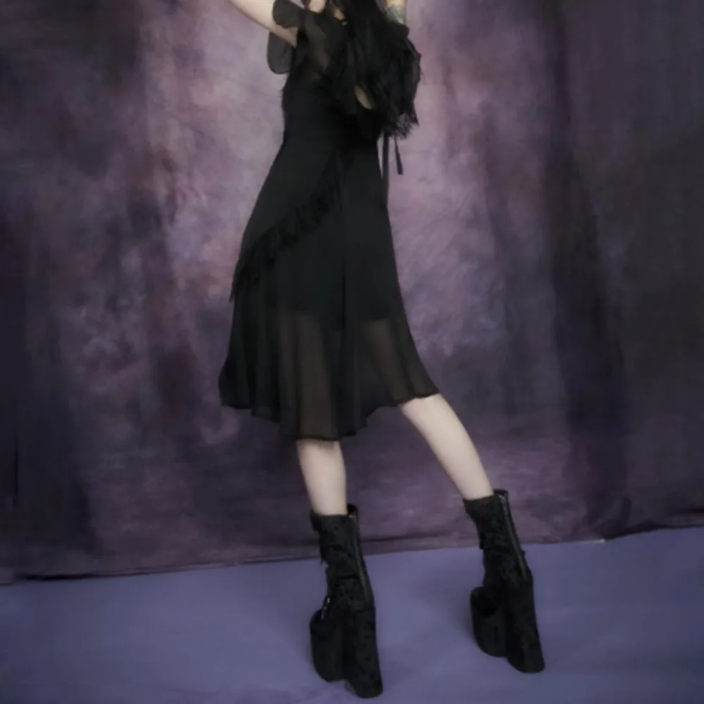 

2021 Gothic Casual Designer Fashion Hipster Summer Dress Chiffon Tassel Solid Color High Waist V-neck Summer