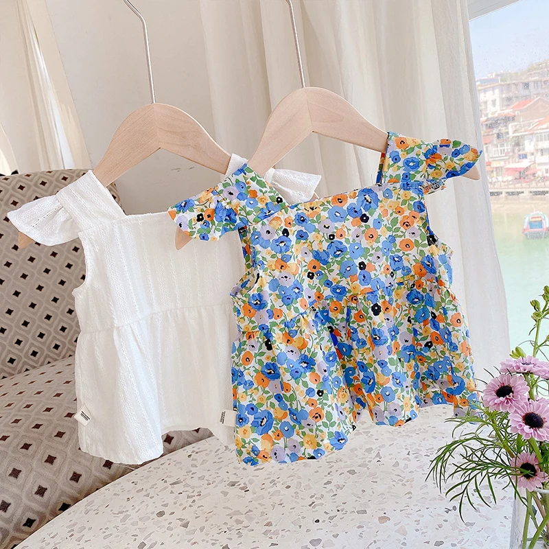 

2021 Summer New Girls Blouse Sleeveless Square Collar Floral Casual Loose Clothes