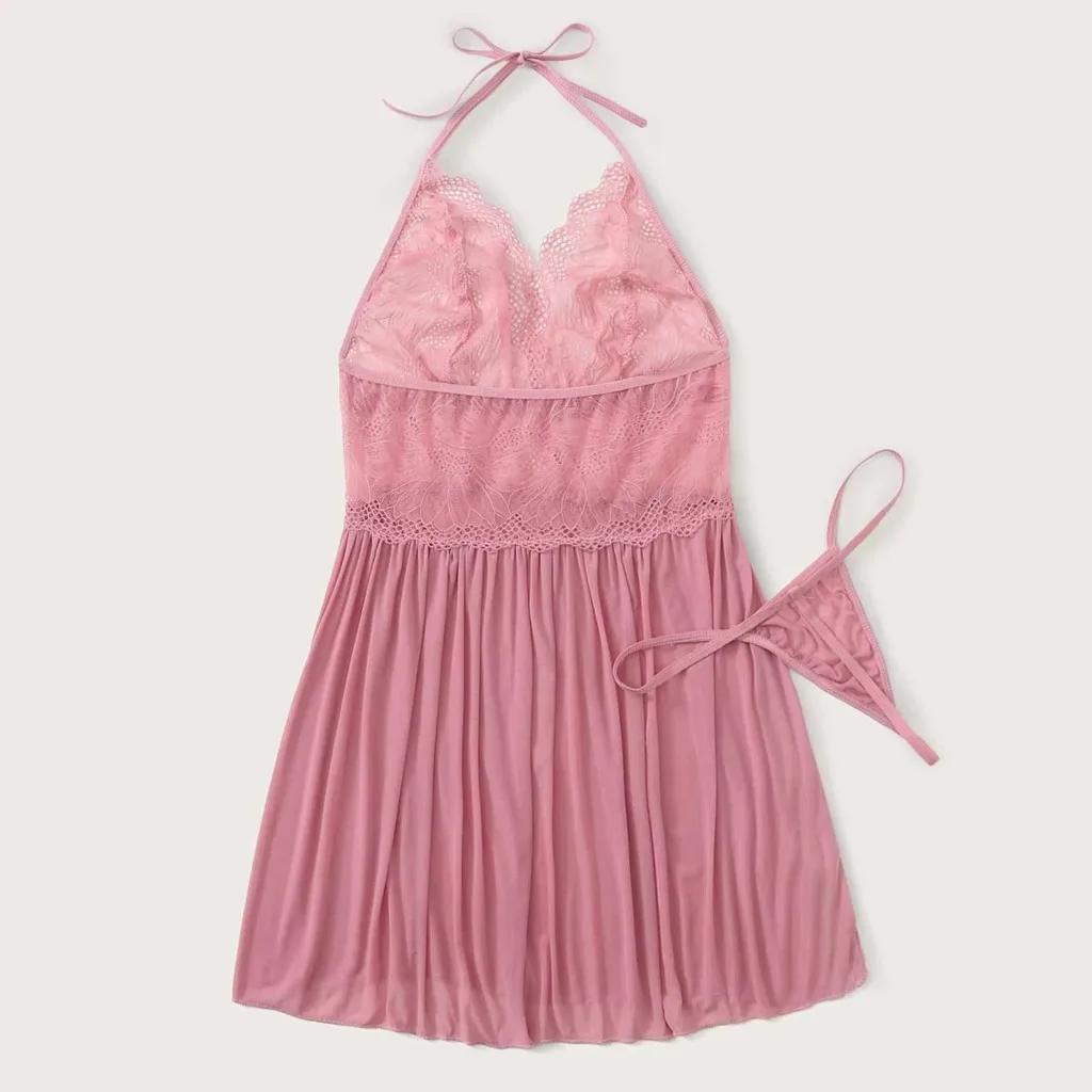 

Women Pink Lace Stitching Nightdress Backless V-Neck strap suspending bow Cute Nightwear babydoll Lingerie With Thong Set A50