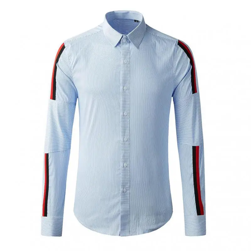 

Рубашка мужская приталенная с длинным рукавом, люксовая Повседневная, в бело-синюю полоску, модная одежда для вечерние, 3XL