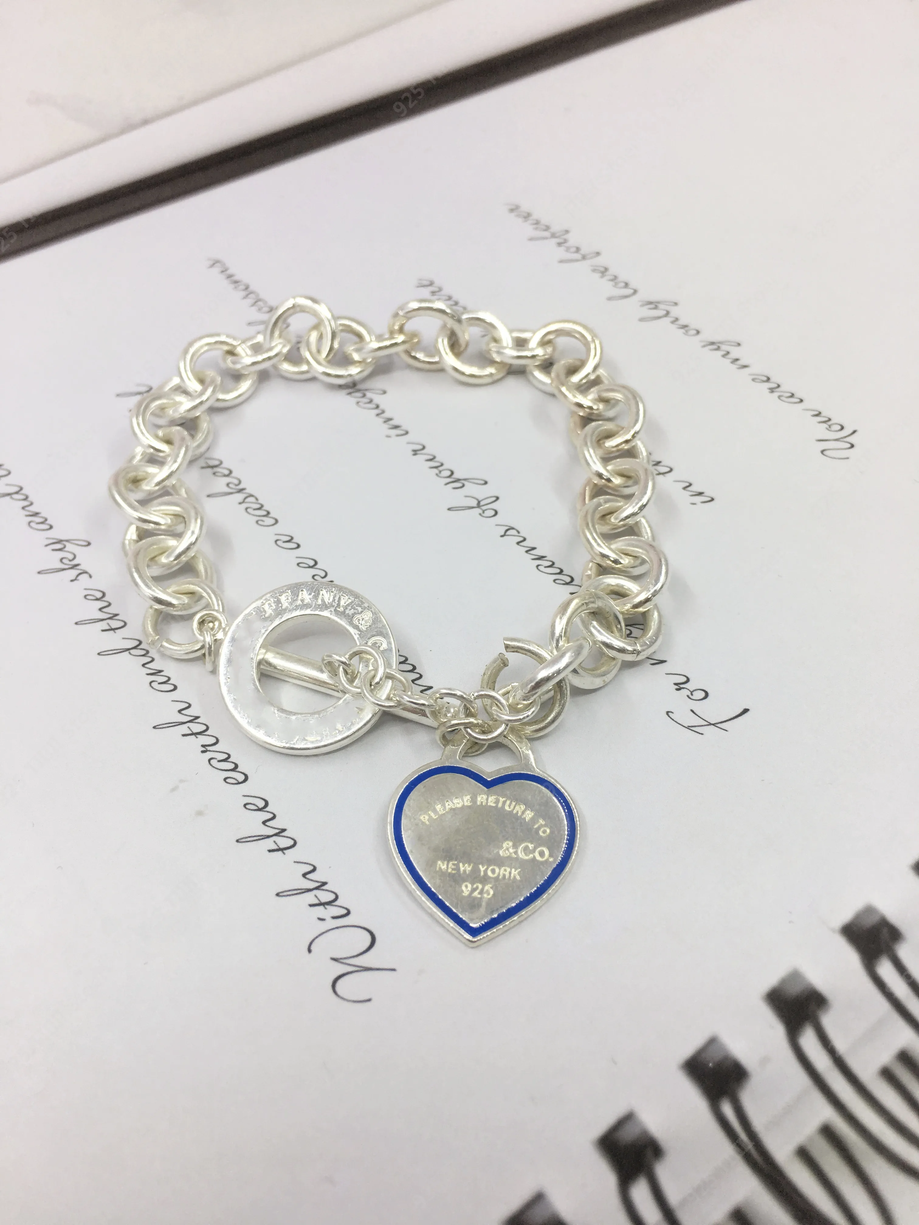 

Classic 925 sterling silver dark blue enamel ms heart-shaped bracelet jewelry fashion festival gift