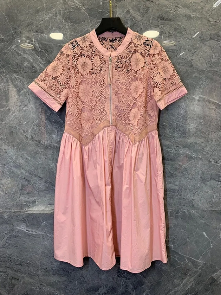 New Korean Style Dres 2021 Summer Ladies Crochet Lace Embroidery Patchwork Short Sleeve Slim Fit A-Line White Pink Blue Dress