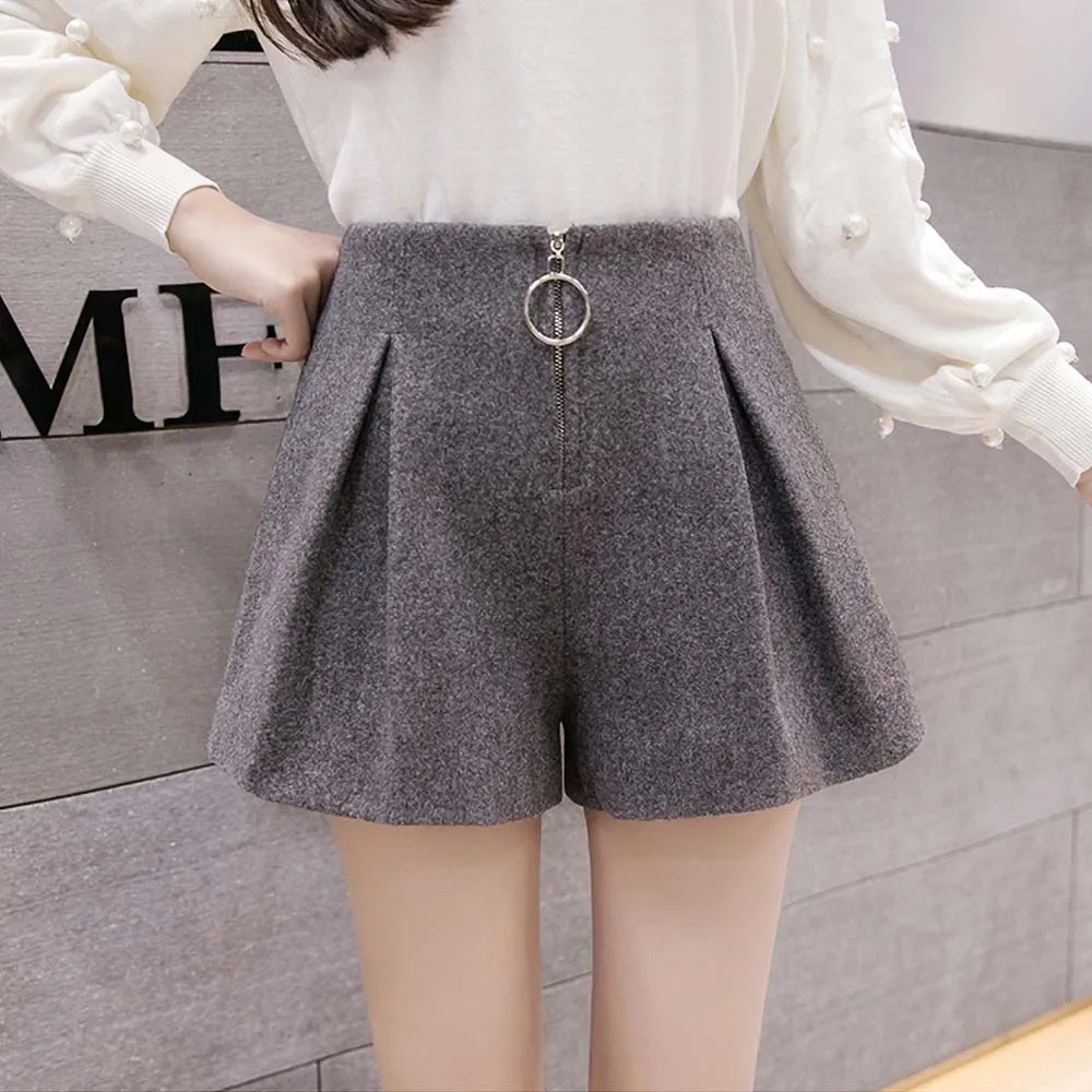 Осенне зимние женские шерстяные шорты повседневные с поясом прямые