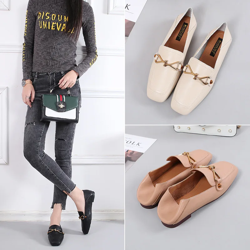 

Women Flat Loafers Shoes Ballerina Shallow Single Slip On Moccasins Square Toe Metal Buckle Lady Footwear Office Leather Shoes
