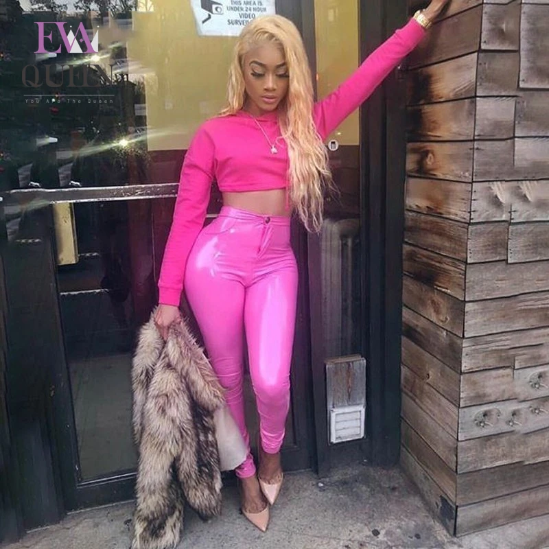 Женские обтягивающие брюки EvaQueen черные штаны из искусственной кожи с высокой