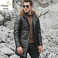 raccoon fur collar genuine leather mens down coats autumn winter new brand zipper medium length warm hooded jackets plus size