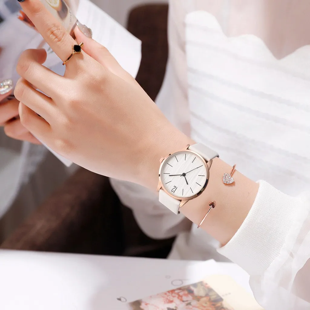 White with Bracelet Модные простые 2 шт набор браслет часы женские кожаные аналоговые женские кварцевые часы на запястье часы женские часы ювелирные изделия женские часы - Цвет: White with Bracelet
