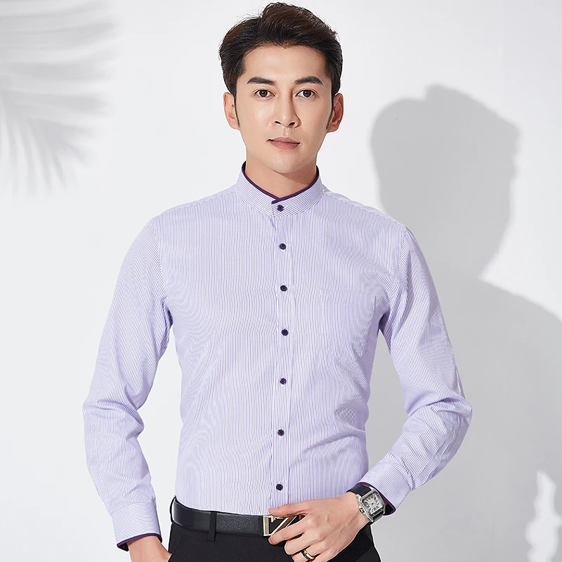 Нежелезная Мужская рубашка в полоску с длинным рукавом и стоячим воротником