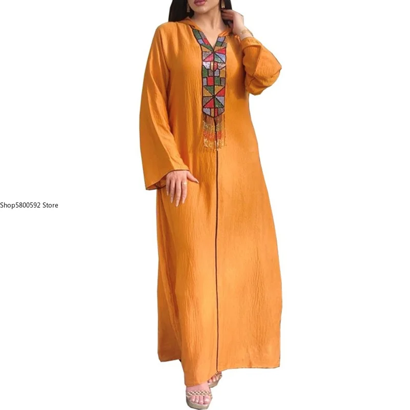 

Женское платье с капюшоном, однотонное повседневное приталенное платье в мусульманском стиле, с длинным рукавом, в средневосточном стиле, о...