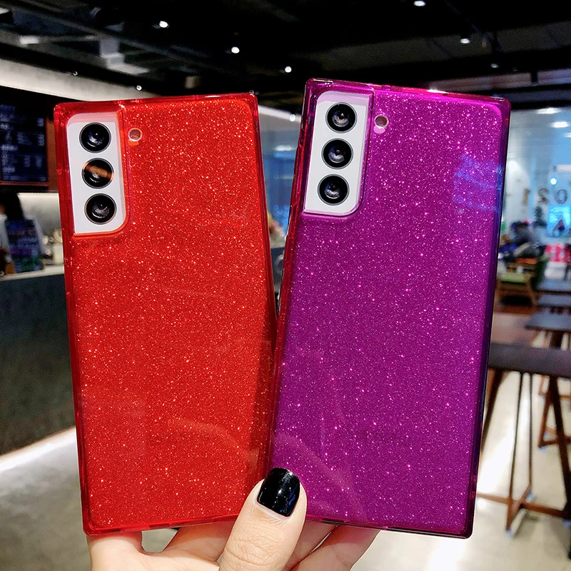 

Luxury Shockproof Fluorescence Phone Case For Sansung S21 20 Straight Side Square TPU Soft Delicate Skin Creativity Square Cover