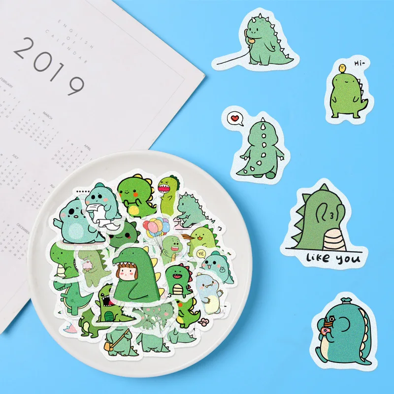 

40 pcs Cartoon Cute Little Dinosaur Adhensive Stickers Green Decorative Album Diary Stick Label Stationery Decor Hand Account