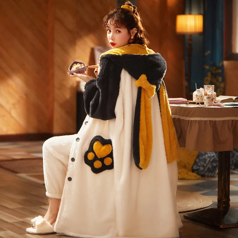 Winter Pajamas Plus Size Women Sleepwear Medium Style Set Loose Version Keep Warm Intensification Pyjamas Plush Nightgown Hooded