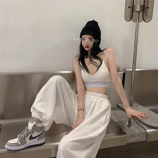 

Cotton sports pants women's loose leggings Harajufeng slim Joker pants spring and autumn white high waist casual wide leg pants