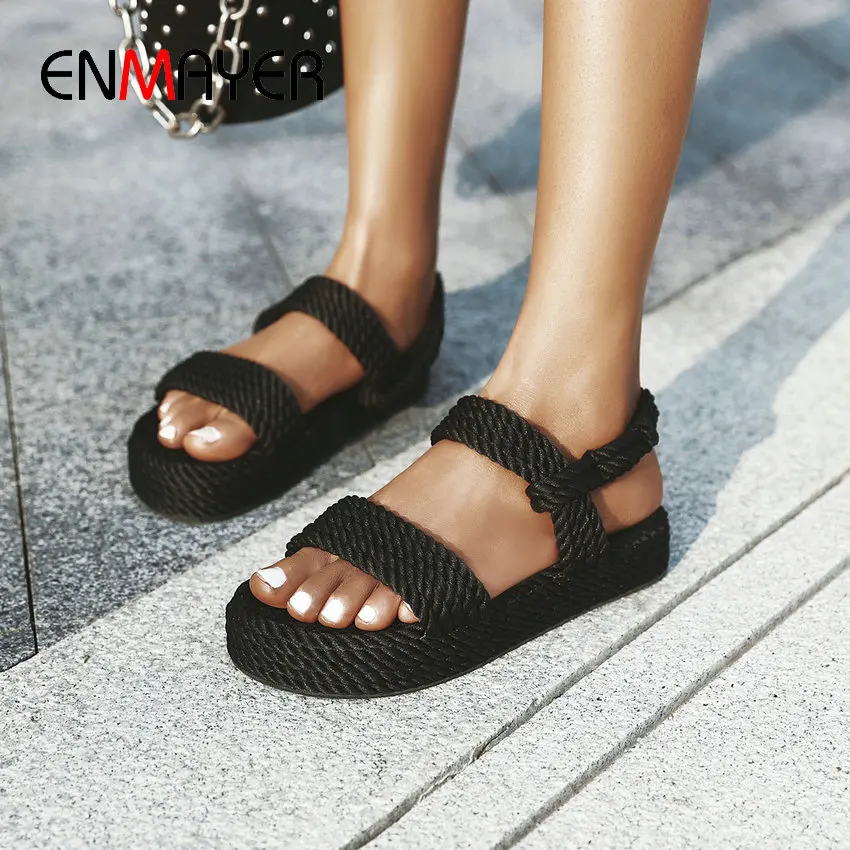 

ENMAYER 2020 Casual Cane Fisherman Gladiator Sandals Women Fashion Wedges Shoes for Women Flat with Women Sandals Size 34-43