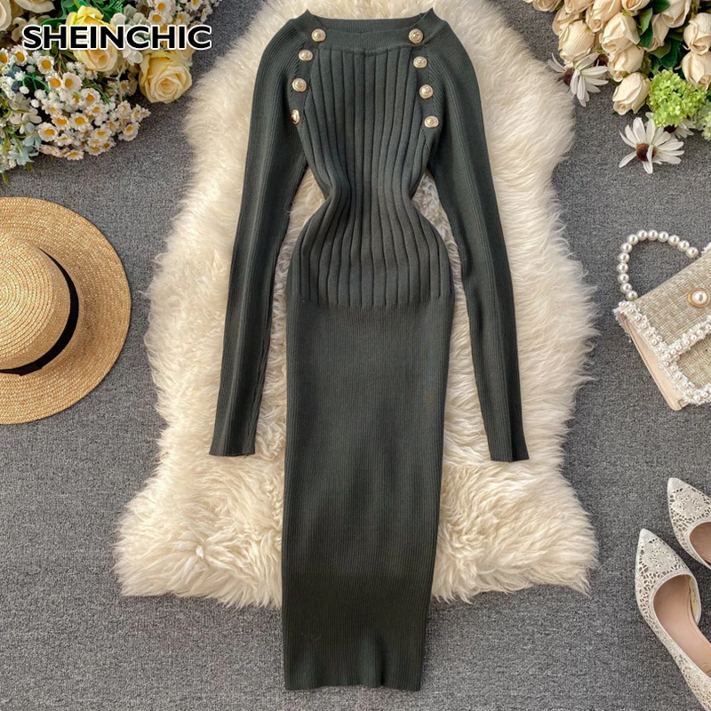 Винтажное женское вязаное платье с золотыми пуговицами весеннее осеннее