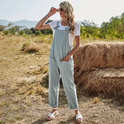 

Women's Fashion Loose Jumpsuit Pure Color Harajuku Pocket Bowknot Workman's Wear High Waist Casual Overalls 2021 Spring Autumn