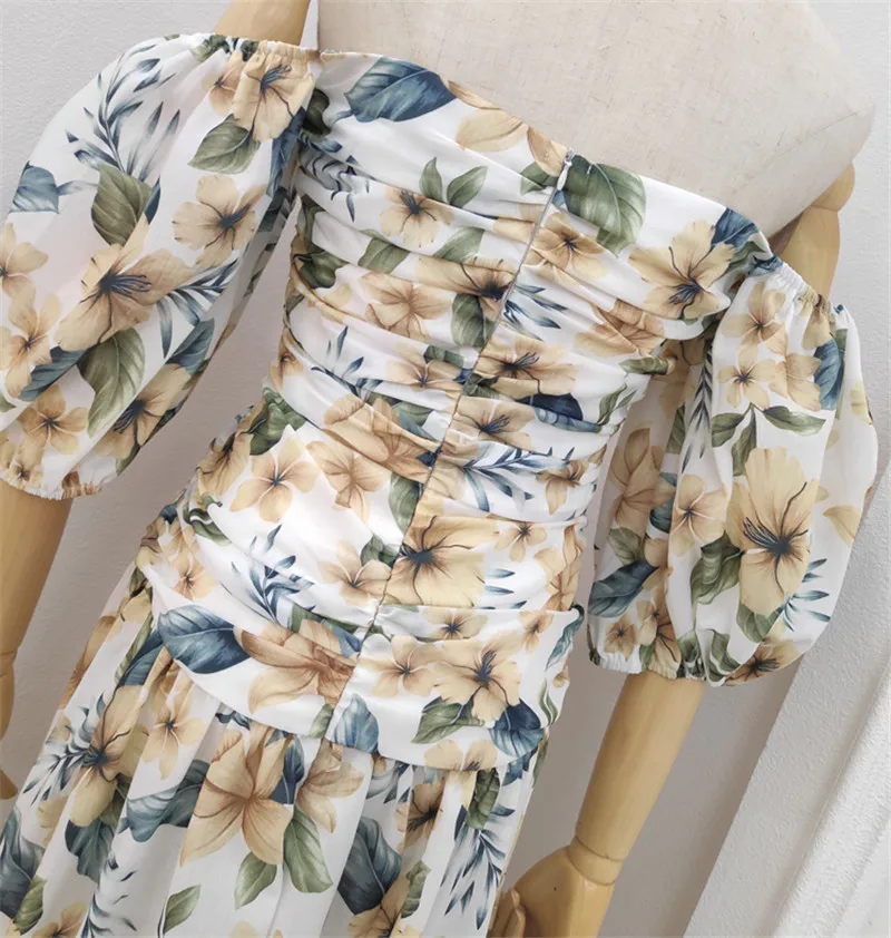

New Fashion 2021 Women Summer Maxi Dress Sexy Off Shoulder Lantern Long Sleeve Floral Print Slit Ruched Beach Long Dress