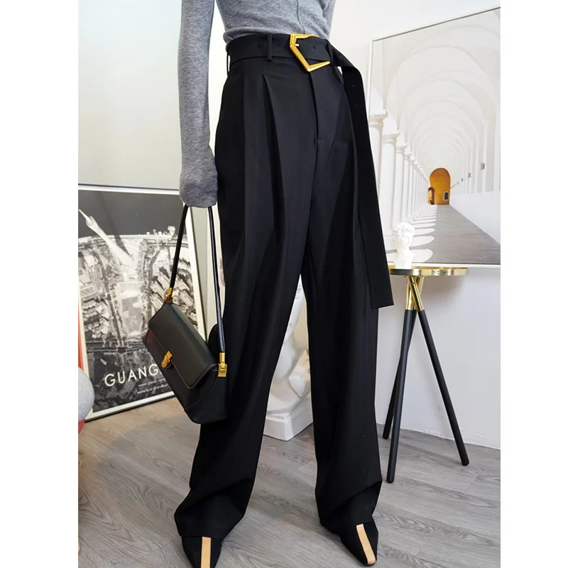 

Womens Loose Casual Long Solid Suit Straight With Belt Office Korean Lady Wide Leg Pants Ladies Work Trousers