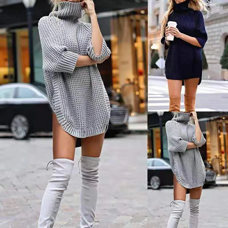 

Knitted Pullover Women 2021 Autumn and Winter New Half-sleeved Split Fork Temperament Loose Plus Size Turtleneck Sweater N1027