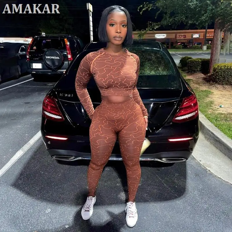 

2021 Summer Print Long Sleeves Slim Navel Top Leggings Set Bodycon Sexy Party Elegant Club Y2K Robe Beach