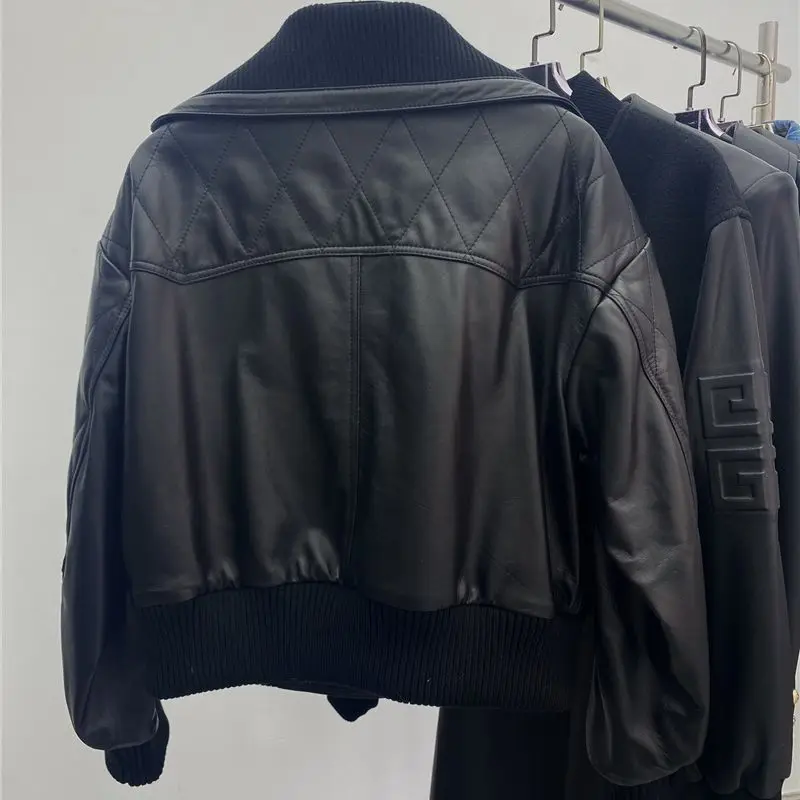 2022 Autumn Zipper Motorcycle Sheepskin Jacket Women Double Breasted Belt Gold-Button Casual Biker-Coat Outwear Chic