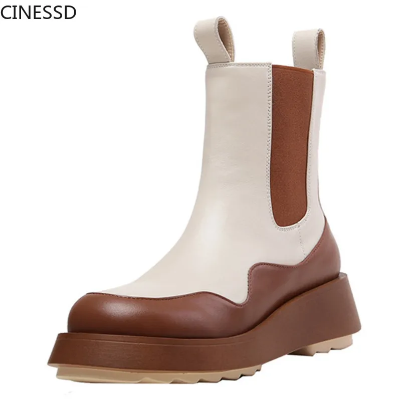 

CINESSD 2021 New boots genuine leather shoes cow leather boots women comfortable flat heel round toe platform shoes woman