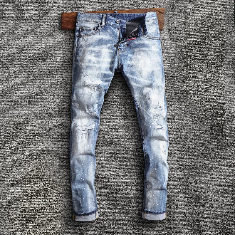 

Street Style Fashion Men Jeans Retro Light Blue Elastic Slim Fit Ripped Jeans Men Splashed Designer Hip Hop Plain Denim Pants