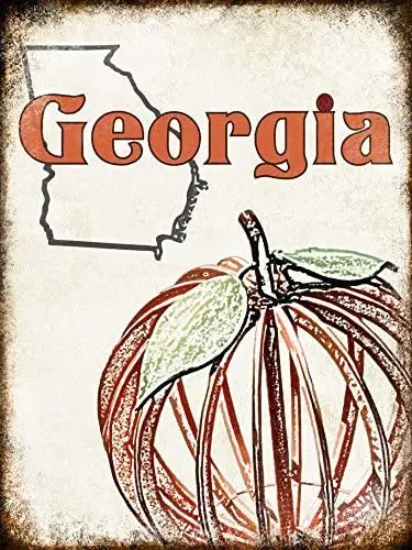 

Georgia Peach Metal Sign, Vintage Cartoon Pumpkin 8" X 12" inch Tin Sign.