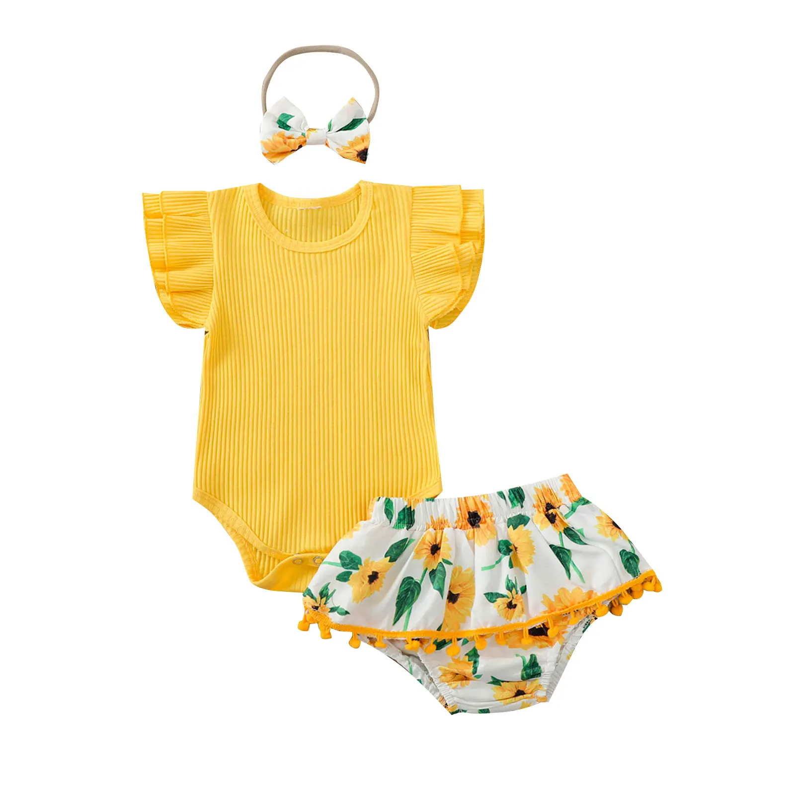

Girl's Three Piece Set, Infant's Ribbed Solid Color Crew Neck Fly Sleeve Romper Sunflower Printed Shorts Hair Band