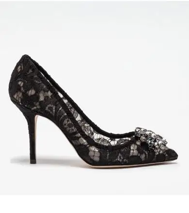 2 Black 9cm heel Пикантные кружевные свадебные туфли женские туфли-лодочки с вырезами, с острым носком, украшенные кристаллами вечерние туфли на высоком каблуке, без шнуровки, из сетчатого материала Каблук 6,5 см, 9 см - Цвет: 2 Black 9cm heel