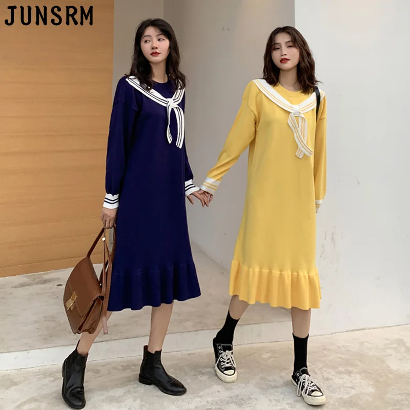 

One-Piece Harajuku Ruffle Dress Women 2020 Autumn New College Style Dress Kawaii Sweet Thicken Knitted Sweater Dress Midi Dress