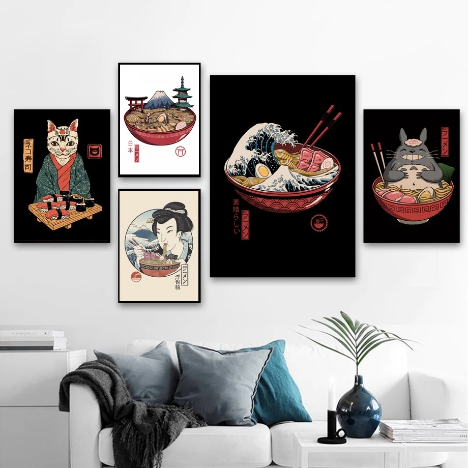 Totoro японские рамен суши великая волна Искусство Шелковый плакат домашний декор