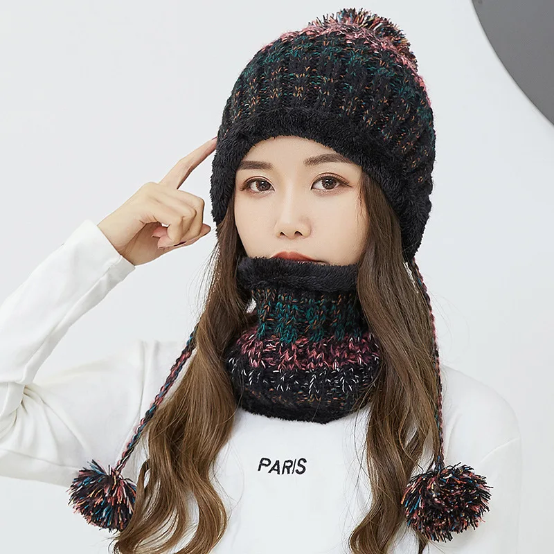 BLACK Fashion Winter Hat Scarf Set For Women Girl Warm Beanies Cap Lady Ring Scarf Pompoms Winter Hats Knitted Caps Scarf 2 Pieces - Цвет: BLACK