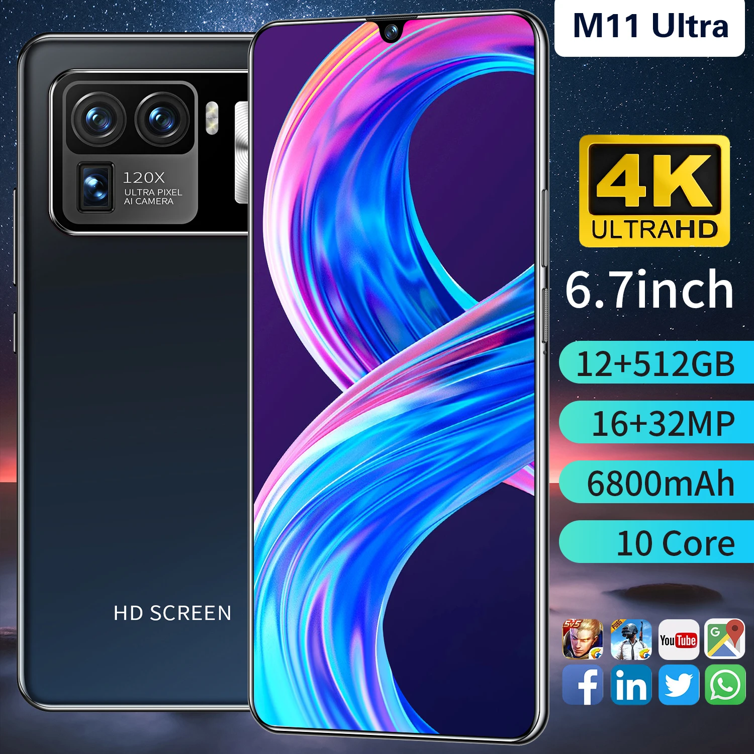 

2021 Hot Sale XIAO M11 Ultra 6.7 Inch 12+512GB 5G Network 6800mAh Mobilephone 16+32MP Deca Core Face Unlock Dual SIM Smartphones