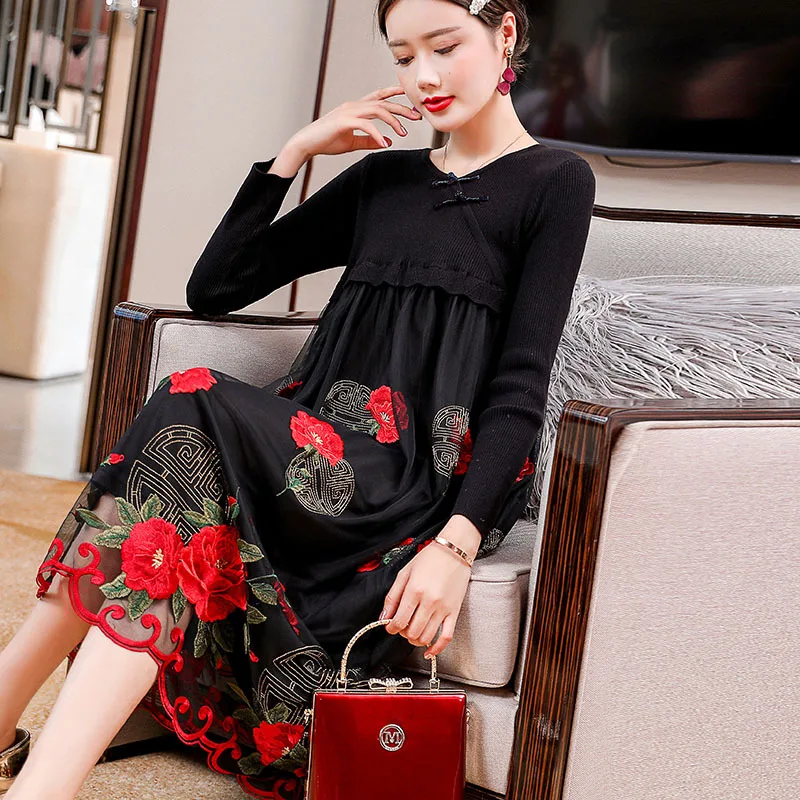 

Women's Dress Winter 2020 New Flowers Embroidered Patchwork Knitted Round Neck Long Sleeved Loose A-Line Plus Size Clothes S-XXL