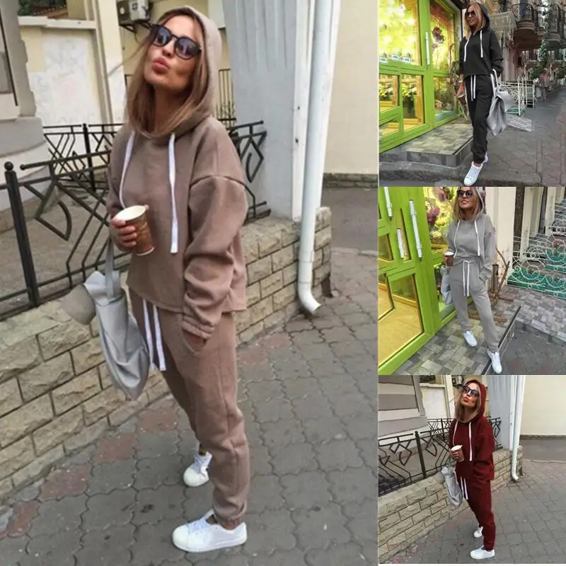 

ZITY 2pcs Solid Color Women Suit Travel Leisure Jogging Tracksuits Fleece Lined Fashion Hoodies Pants Set