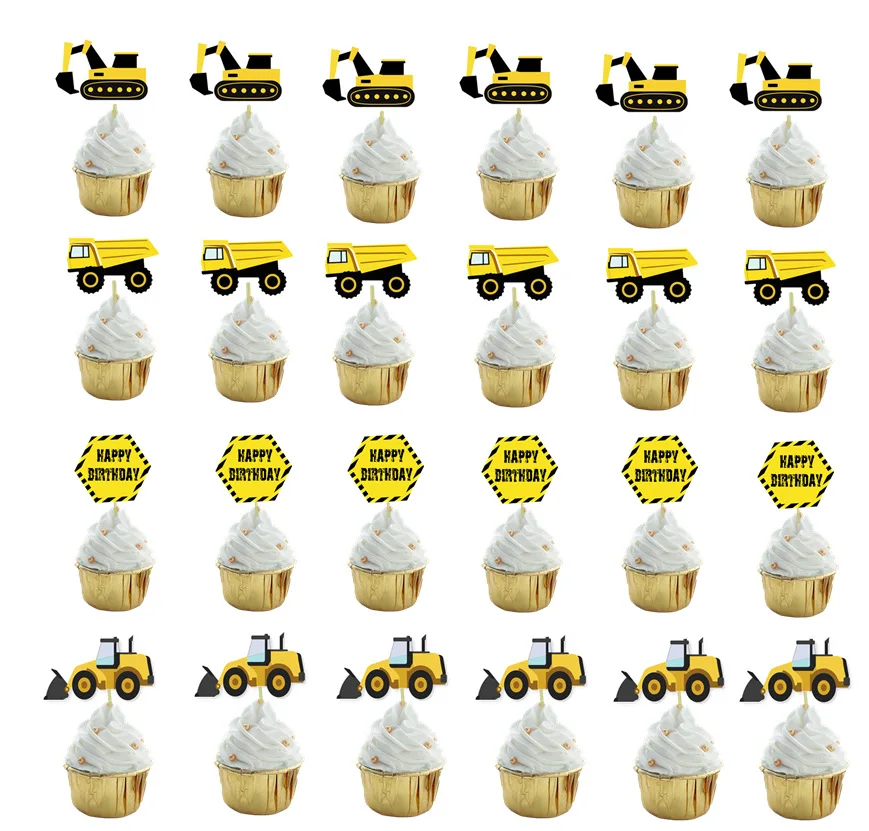

24pcs Construction Vehicle Excavator Cake Toppers for Boy`s Happy Birthday Party Cupcake Topper Cartoon Car Party Toppers